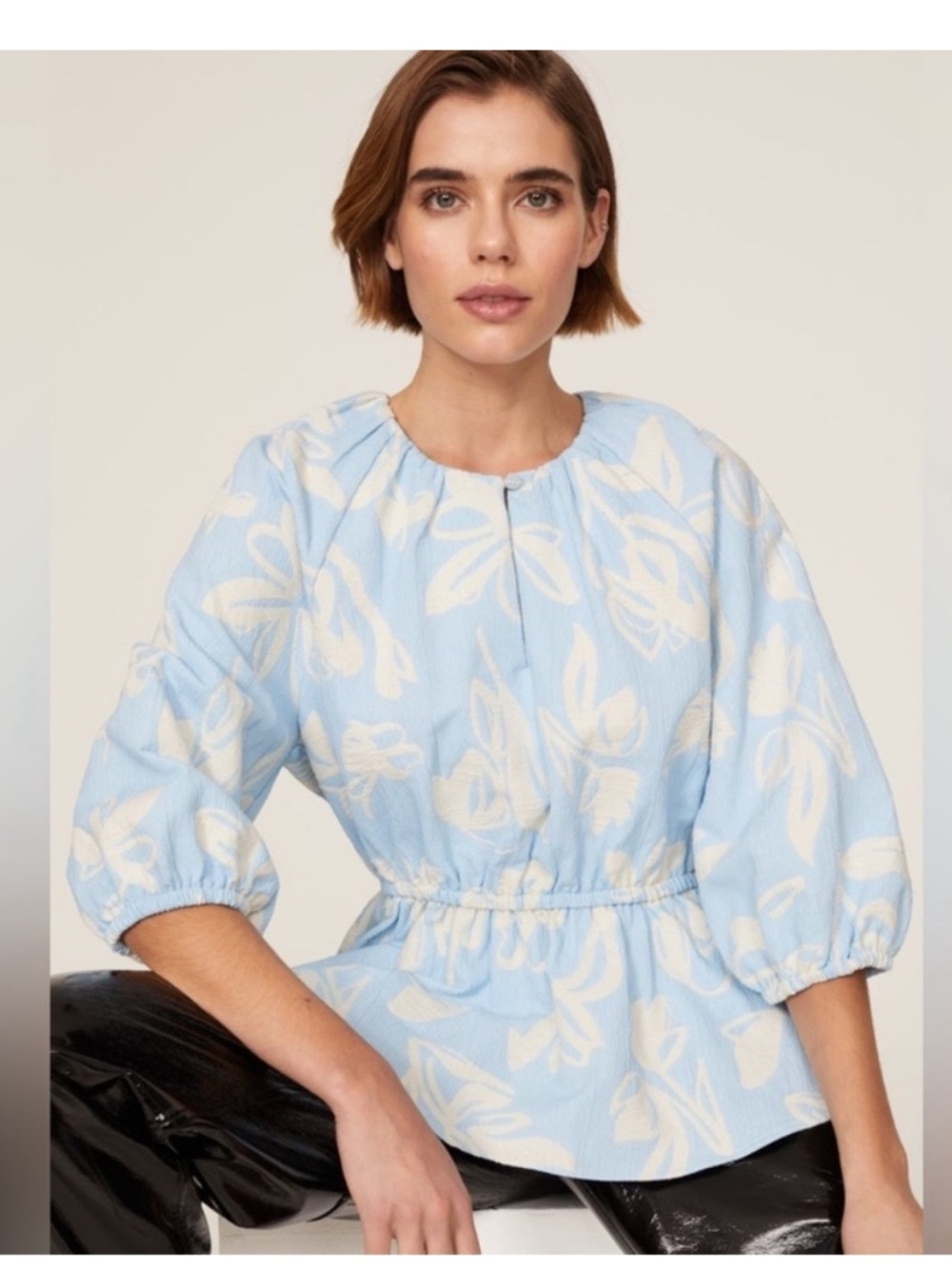 Stine Goya Britney Blue Floral Jacquard Peplum Top Puff Sleeve Size Medium